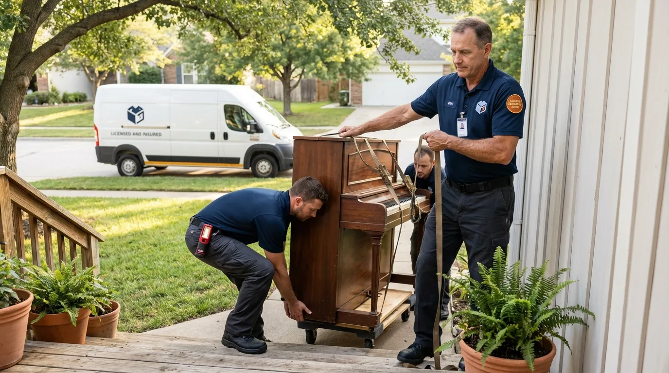 Licensed piano movers securing grand piano in Somers, MT