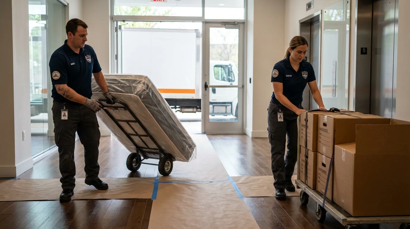 Professional apartment movers loading elevator in Somers, MT