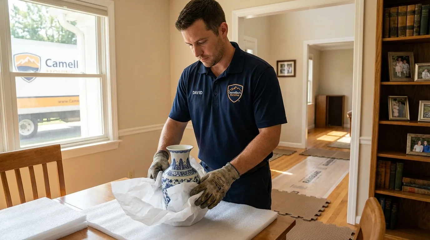Professional crew carefully wrapping antique vase for senior downsizing move in Somers, MT